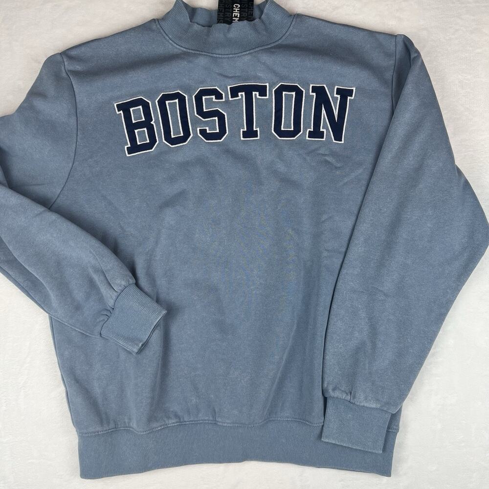 Chemistry Boston Sweatshirt Womens Small Blue Mock Neck Graphic Pullover Relaxed